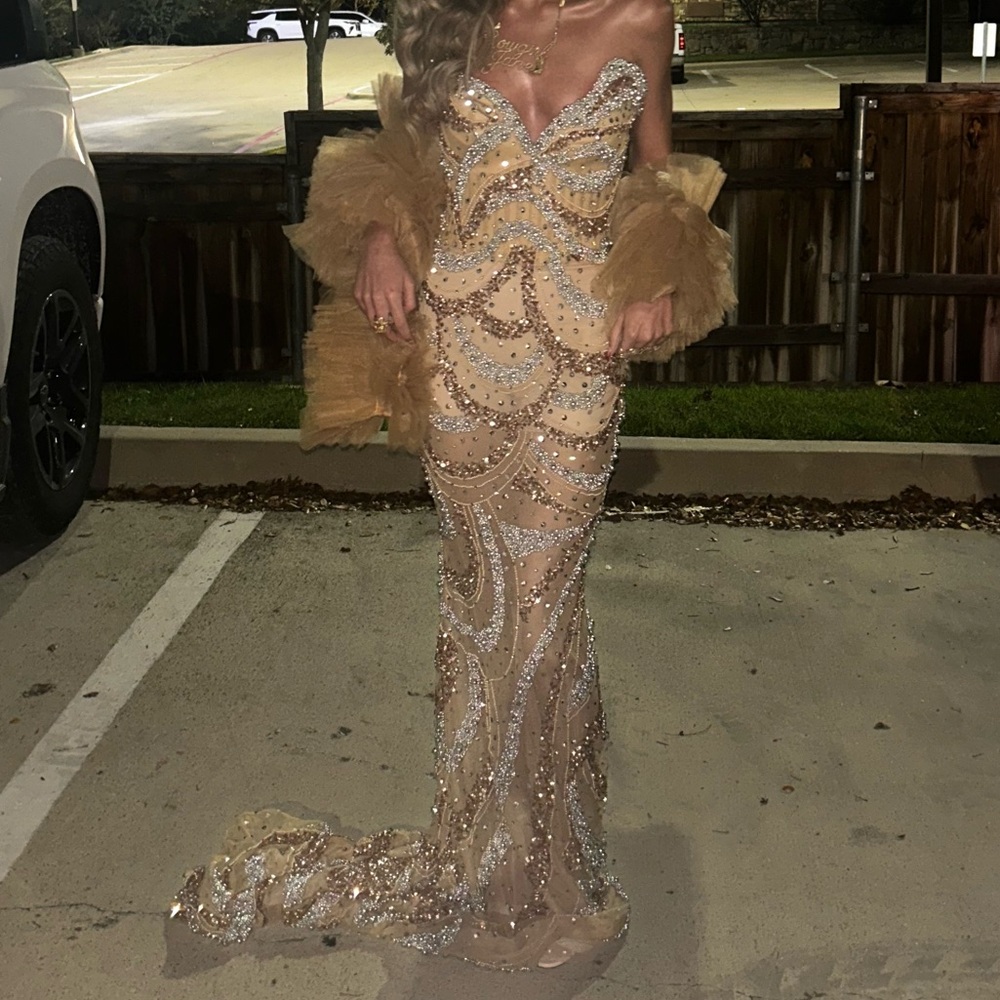 Gold Strapless Embellished Evening Gown - Picture 3 of 8